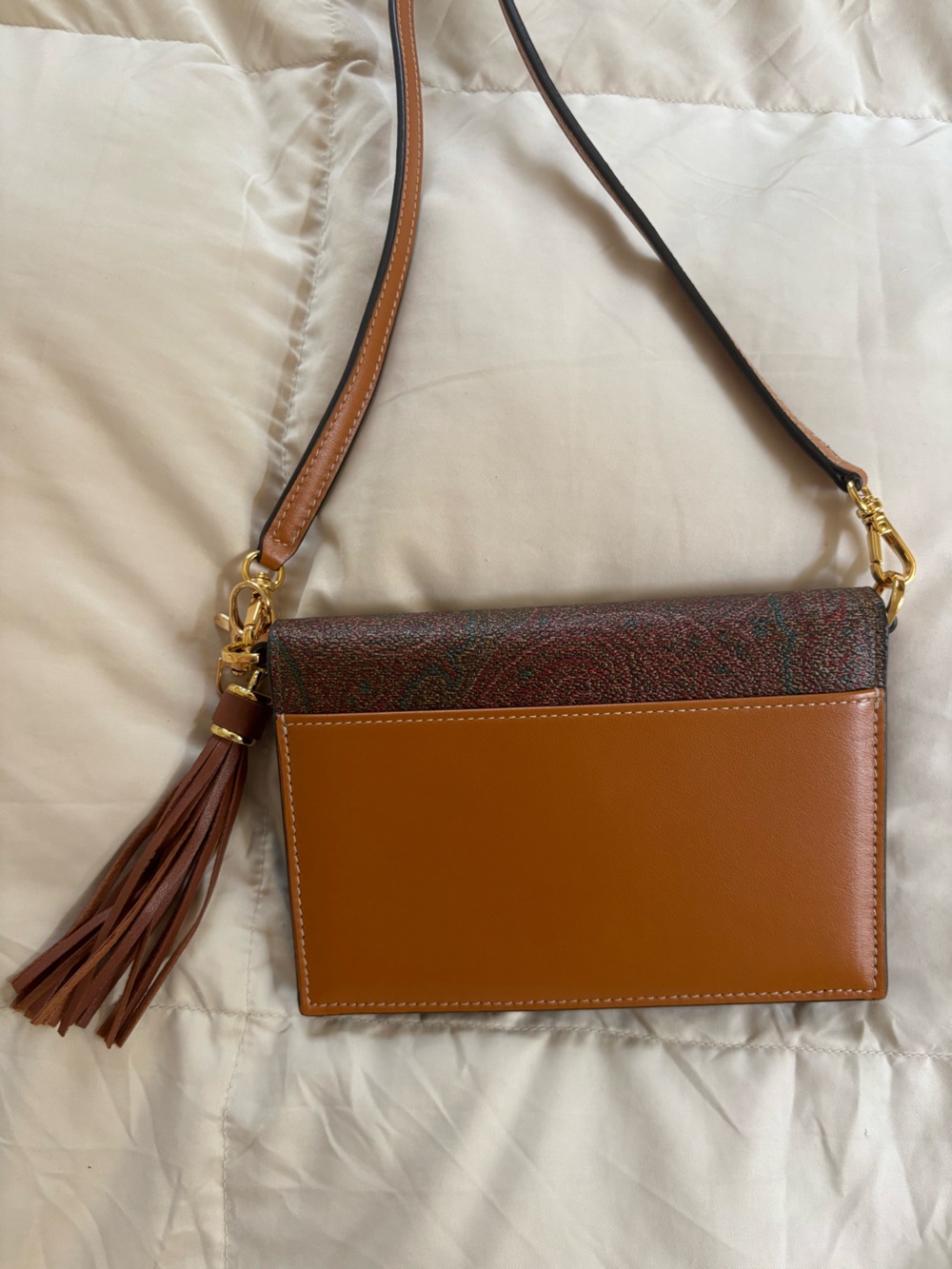 Etro Milano Paisley Crossbody Tan Leather Red Stone Gold Matching Earrings Boho - Picture 9 of 17
